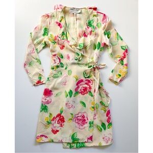 Vintage Emanuel Ungaro Parallele Paris Silk Yellow Pink Green Floral Wrap Dress